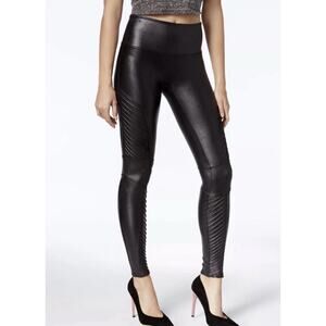 Spanx Womens Black Faux Leather Moto Stretch Pull On Shaping Slimming Leggings M